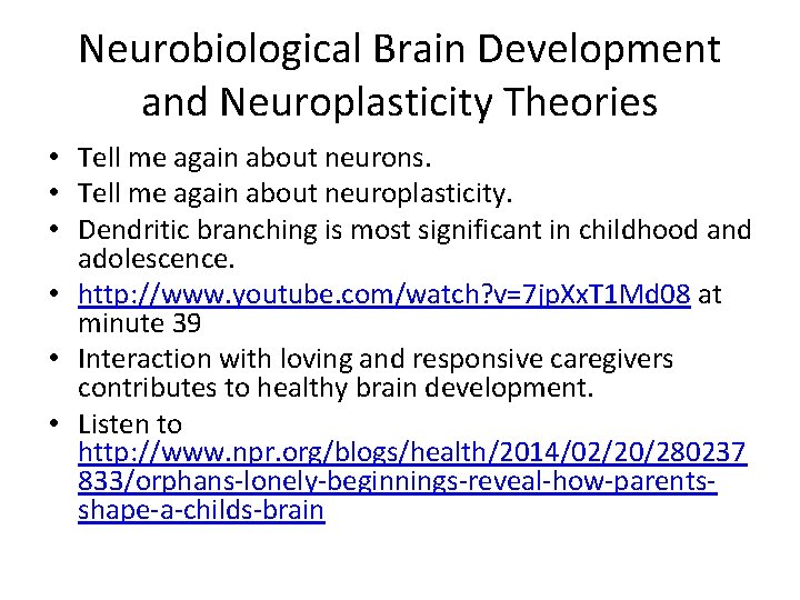 Neurobiological Brain Development and Neuroplasticity Theories • Tell me again about neurons. • Tell