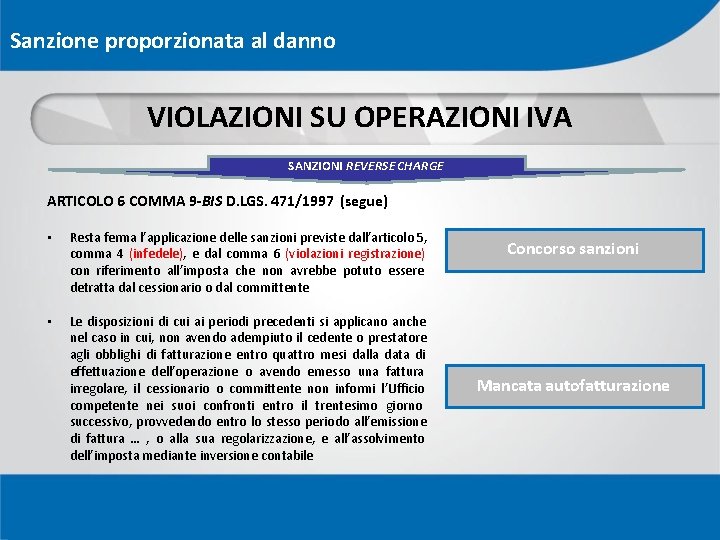 Sanzione proporzionata al danno VIOLAZIONI SU OPERAZIONI IVA SANZIONI REVERSE CHARGE ARTICOLO 6 COMMA