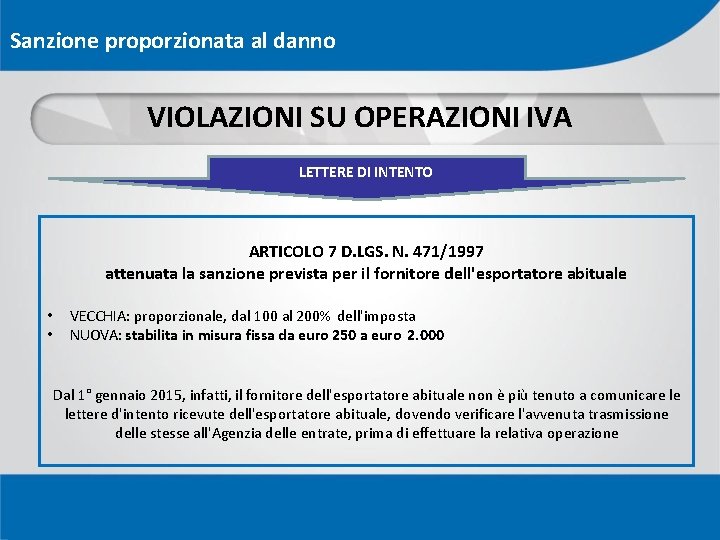 Sanzione proporzionata al danno VIOLAZIONI SU OPERAZIONI IVA LETTERE DI INTENTO ARTICOLO 7 D.