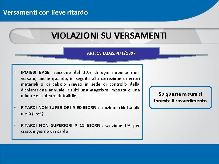 Versamenti con lieve ritardo VIOLAZIONI SU VERSAMENTI ART. 13 D. LGS. 471/1997 • IPOTESI