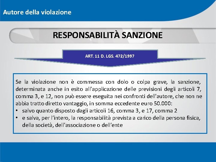 Autore della violazione RESPONSABILITÀ SANZIONE ART. 11 D. LGS. 472/1997 Se la violazione non