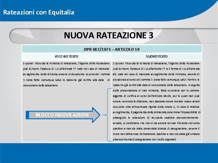 Rateazioni con Equitalia NUOVA RATEAZIONE 3 DPR 602/1973 – ARTICOLO 19 VECCHIO TESTO NUOVO Rateazioni con Equitalia NUOVA RATEAZIONE 3 DPR 602/1973 – ARTICOLO 19 VECCHIO TESTO NUOVO