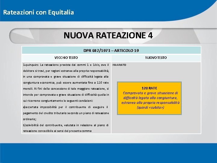 Rateazioni con Equitalia NUOVA RATEAZIONE 4 DPR 602/1973 – ARTICOLO 19 VECCHIO TESTO 1