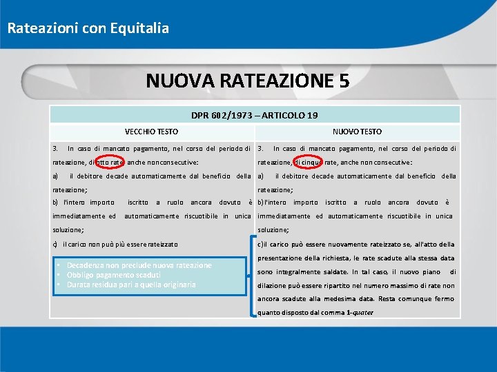 Rateazioni con Equitalia NUOVA RATEAZIONE 5 DPR 602/1973 – ARTICOLO 19 VECCHIO TESTO 3.