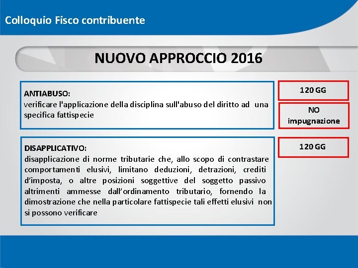 Colloquio Fisco contribuente NUOVO APPROCCIO 2016 ANTIABUSO: verificare l'applicazione della disciplina sull'abuso del diritto