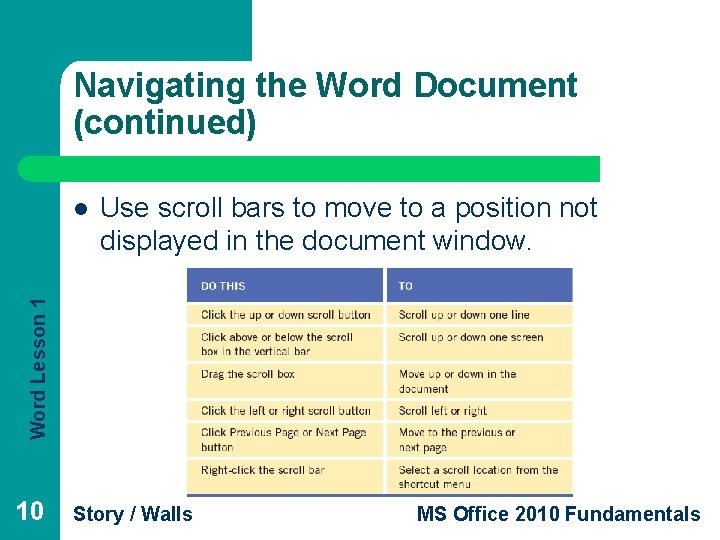 Navigating the Word Document (continued) Use scroll bars to move to a position not