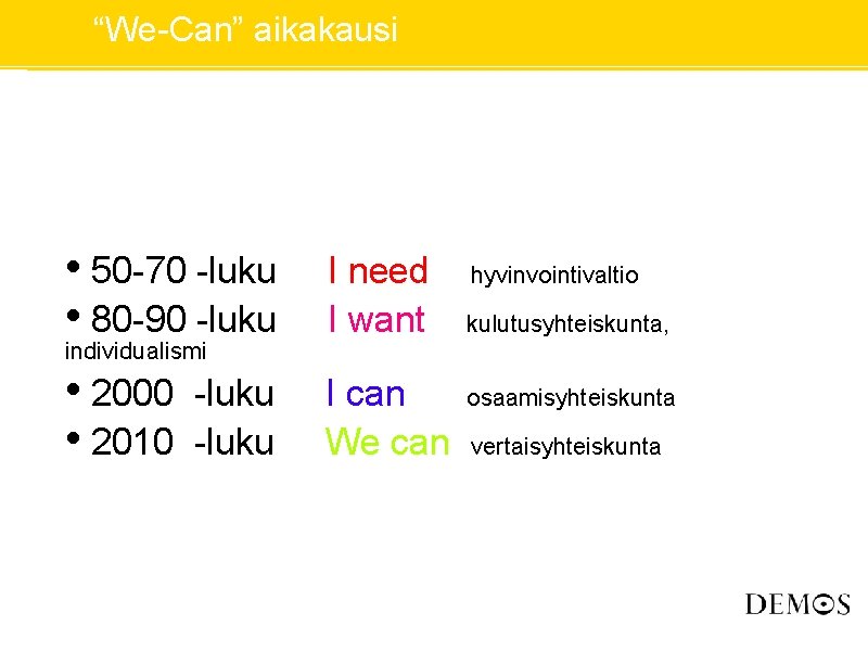 “We-Can” aikakausi • 50 -70 -luku • 80 -90 -luku I need I want