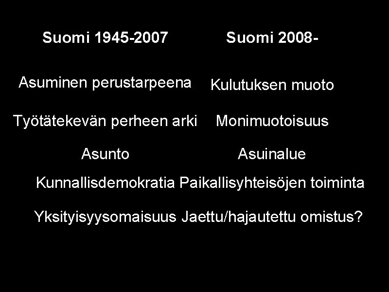 Suomi 1945 -2007 Suomi 2008 - Asuminen perustarpeena Kulutuksen muoto Työtätekevän perheen arki Monimuotoisuus