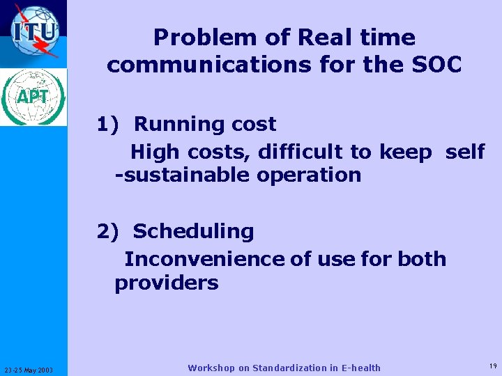 ITU-T Problem of Real time communications for the SOC 1) Running cost 　High costs,