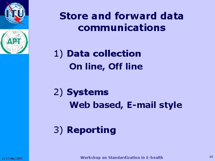 ITU-T Store and forward data communications 1) Data collection On line, Off line 2)