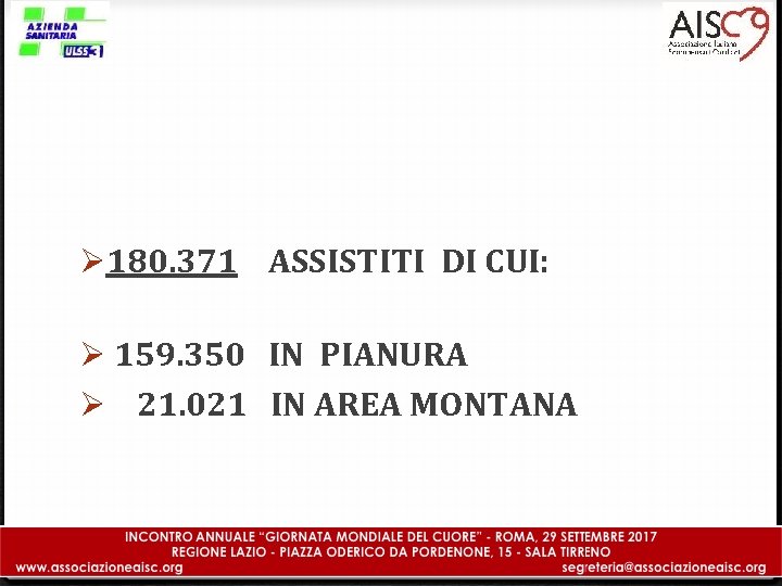 Ø 180. 371 ASSISTITI DI CUI: Ø 159. 350 IN PIANURA Ø 21. 021