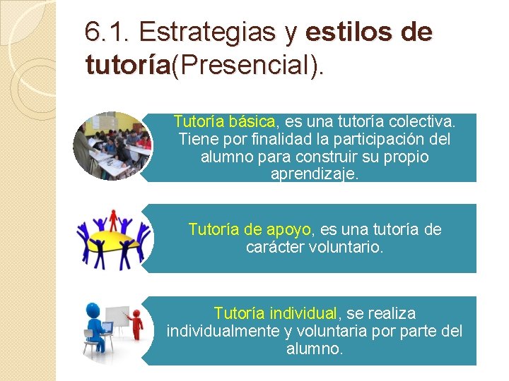 6. 1. Estrategias y estilos de tutoría(Presencial). Tutoría básica, es una tutoría colectiva. Tiene