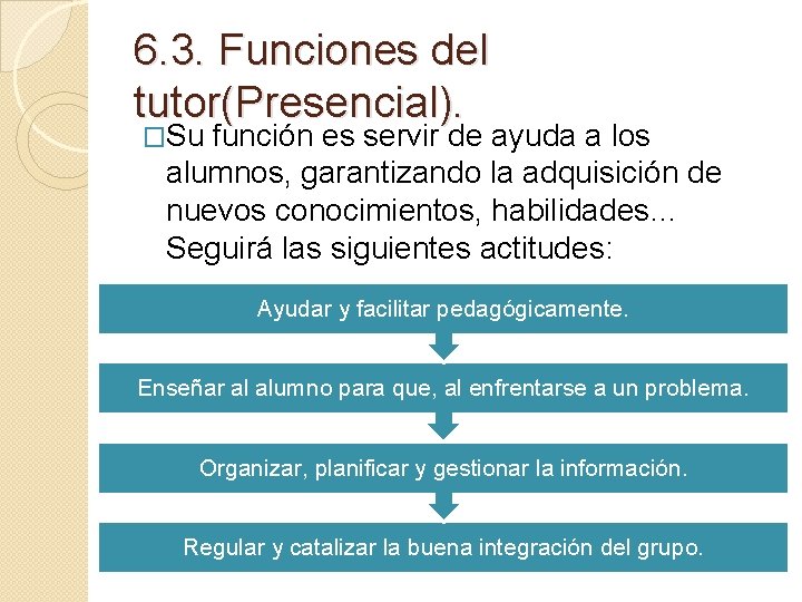 6. 3. Funciones del tutor(Presencial). �Su función es servir de ayuda a los alumnos,