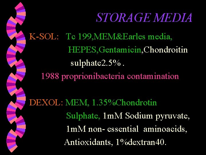STORAGE MEDIA K-SOL: Tc 199, MEM&Earles media, HEPES, Gentamicin, Chondroitin sulphate 2. 5%. 1988 STORAGE MEDIA K-SOL: Tc 199, MEM&Earles media, HEPES, Gentamicin, Chondroitin sulphate 2. 5%. 1988