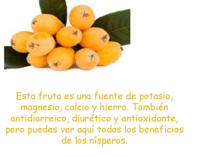 Esta fruta es una fuente de potasio, magnesio, calcio y hierro. También antidiarreico, diurético Esta fruta es una fuente de potasio, magnesio, calcio y hierro. También antidiarreico, diurético