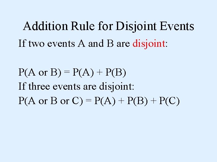 Addition Rule for Disjoint Events If two events A and B are disjoint: P(A