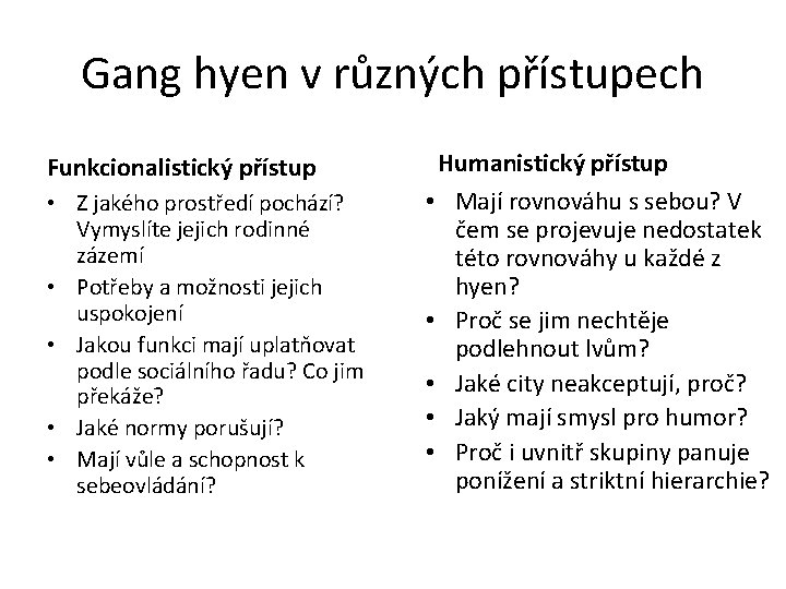 Gang hyen v různých přístupech Funkcionalistický přístup • Z jakého prostředí pochází? Vymyslíte jejich