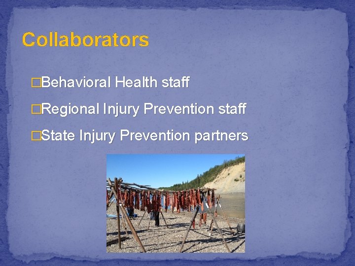 Collaborators �Behavioral Health staff �Regional Injury Prevention staff �State Injury Prevention partners 