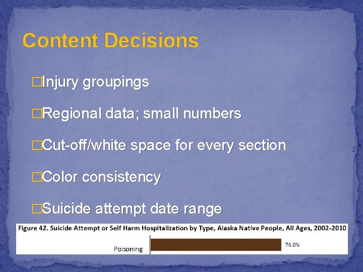 Content Decisions �Injury groupings �Regional data; small numbers �Cut-off/white space for every section �Color