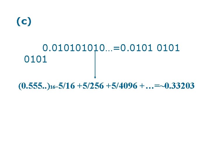 (c) 0. 01010…=0. 0101 (0. 555. . )16=5/16 +5/256 +5/4096 +…=~0. 33203 