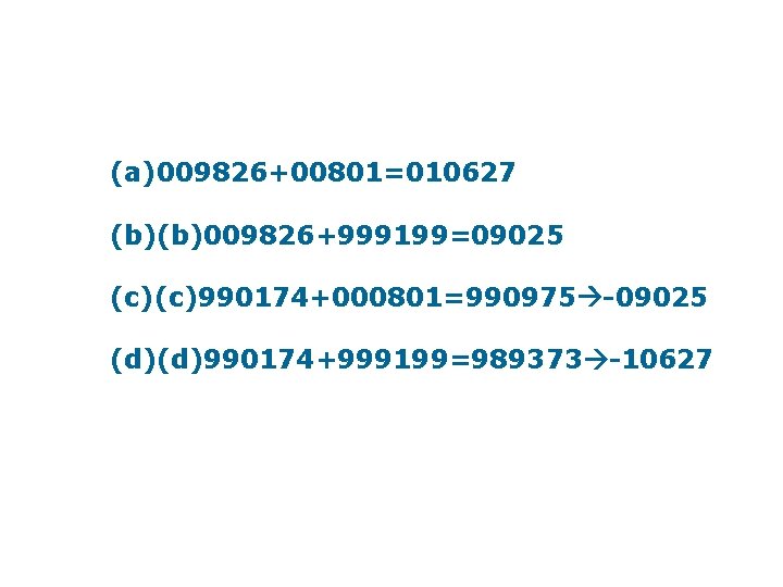 (a)009826+00801=010627 (b)(b)009826+999199=09025 (c)(c)990174+000801=990975 -09025 (d)(d)990174+999199=989373 -10627 