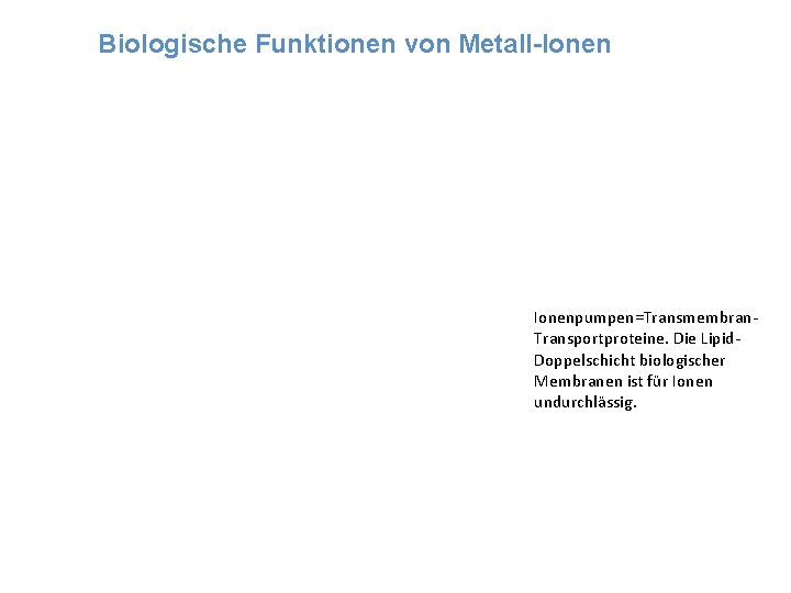 Biologische Funktionen von Metall-Ionenpumpen=Transmembran. Transportproteine. Die Lipid. Doppelschicht biologischer Membranen ist für Ionen undurchlässig.