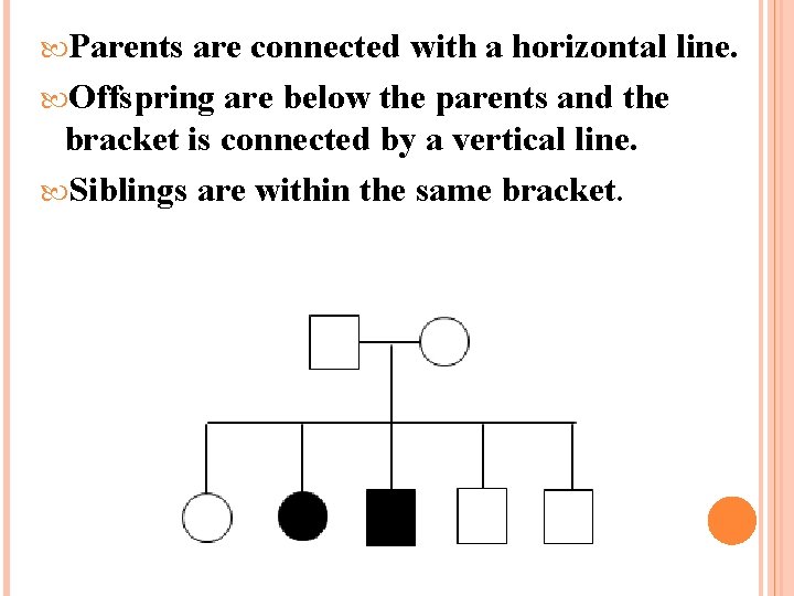  Parents are connected with a horizontal line. Offspring are below the parents and