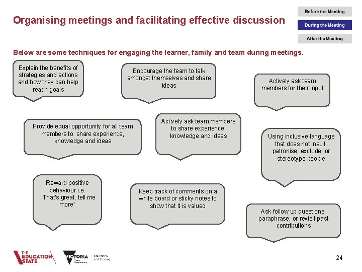 Organising meetings and facilitating effective discussion Below are some techniques for engaging the learner,