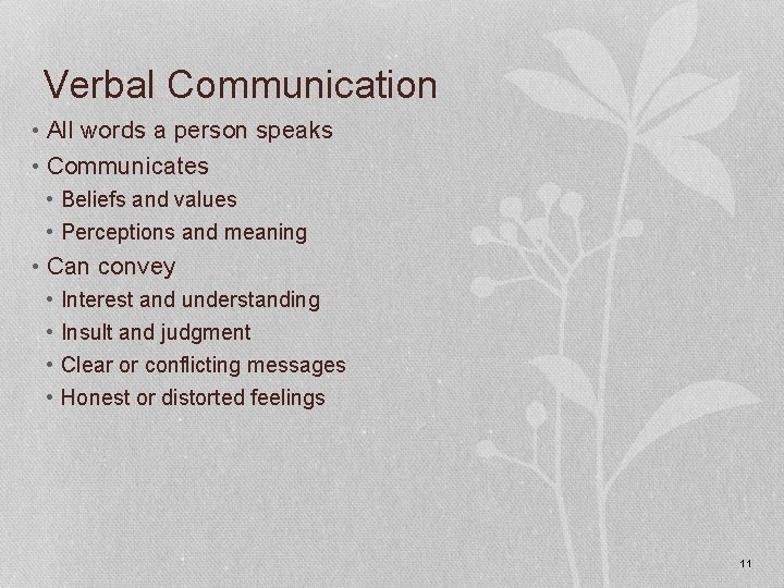 Verbal Communication • All words a person speaks • Communicates • Beliefs and values