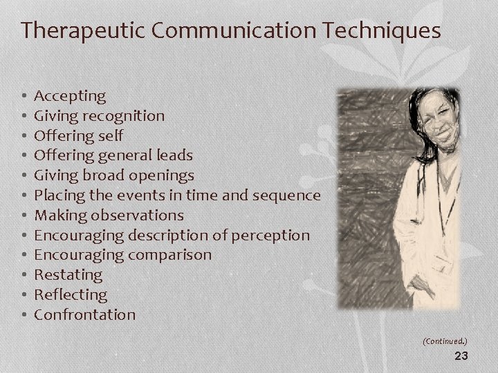 Therapeutic Communication Techniques • • • Accepting Giving recognition Offering self Offering general leads