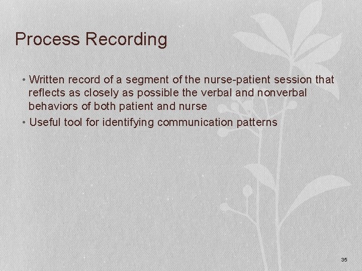 Process Recording • Written record of a segment of the nurse-patient session that reflects