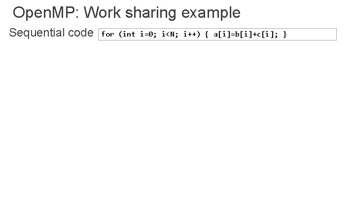 Open. MP: Work sharing example Sequential code for (int i=0; i<N; i++) { a[i]=b[i]+c[i];