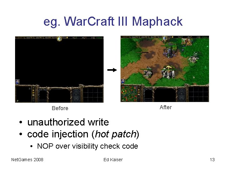 eg. War. Craft III Maphack After Before • unauthorized write • code injection (hot
