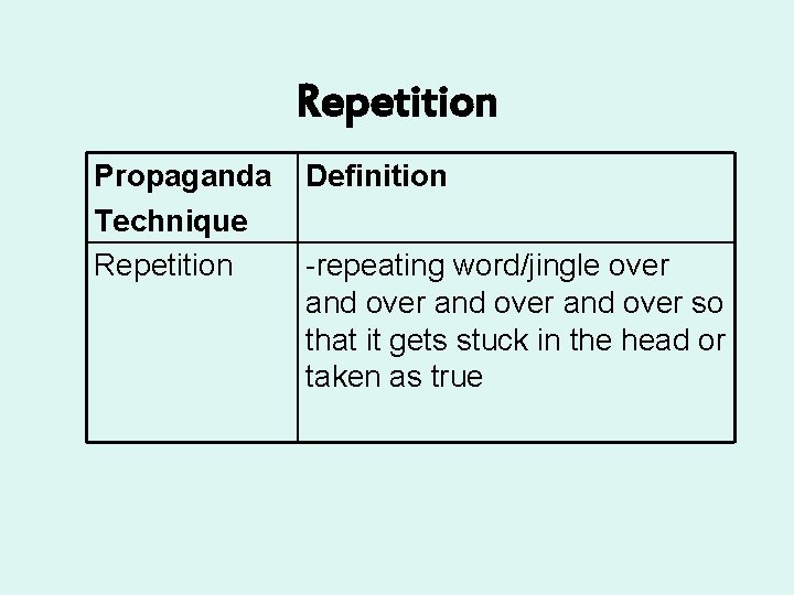 Repetition Propaganda Technique Repetition Definition -repeating word/jingle over and over so that it gets