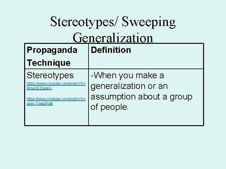 Stereotypes/ Sweeping Generalization Propaganda Technique Stereotypes https: //www. youtube. com/watch? v= 9 mu. XE