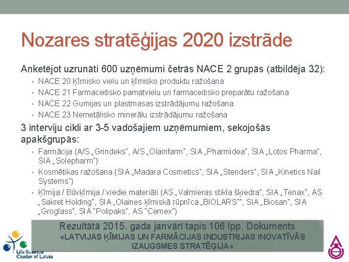 Nozares stratēģijas 2020 izstrāde Anketējot uzrunāti 600 uzņēmumi četrās NACE 2 grupās (atbildēja 32):