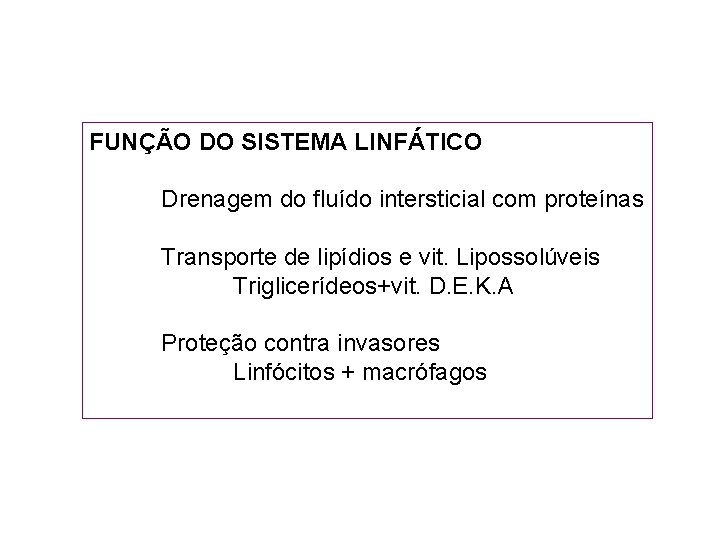 FUNÇÃO DO SISTEMA LINFÁTICO Drenagem do fluído intersticial com proteínas Transporte de lipídios e
