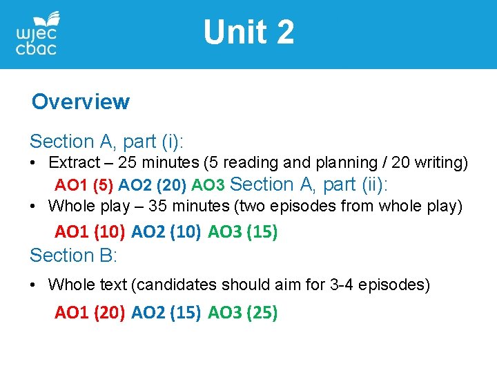 Unit 2 Overview Section A, part (i): • Extract – 25 minutes (5 reading