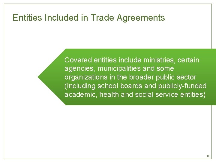 Entities Included in Trade Agreements Covered entities include ministries, certain agencies, municipalities and some