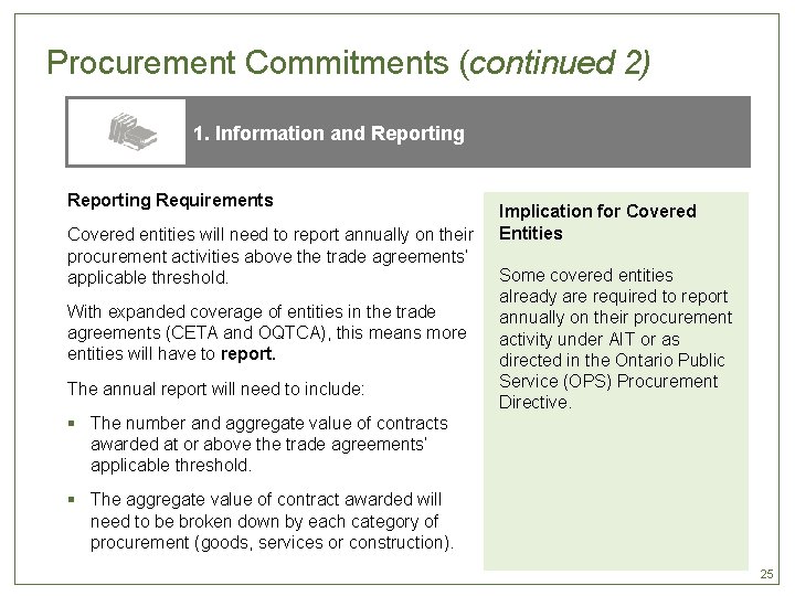 Procurement Commitments (continued 2) 1. Information and Reporting Requirements Covered entities will need to