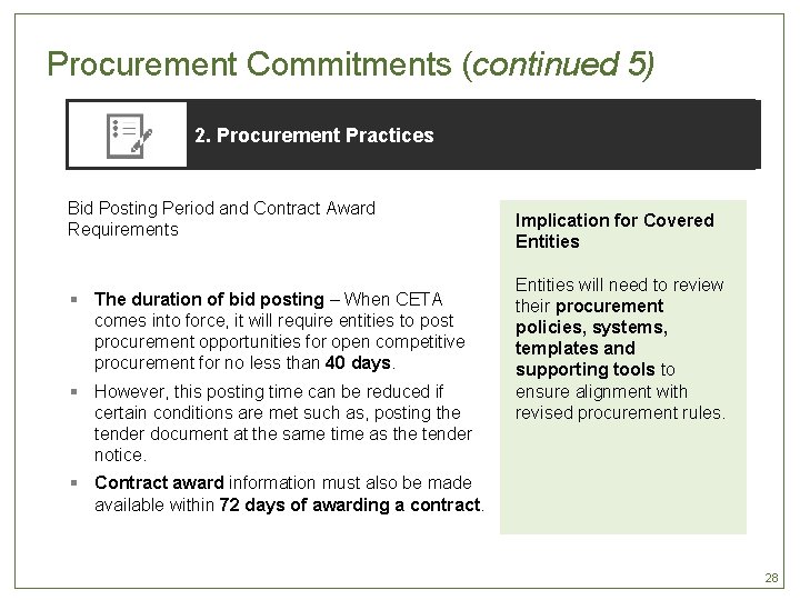Procurement Commitments (continued 5) 2. Procurement Practices Bid Posting Period and Contract Award Requirements
