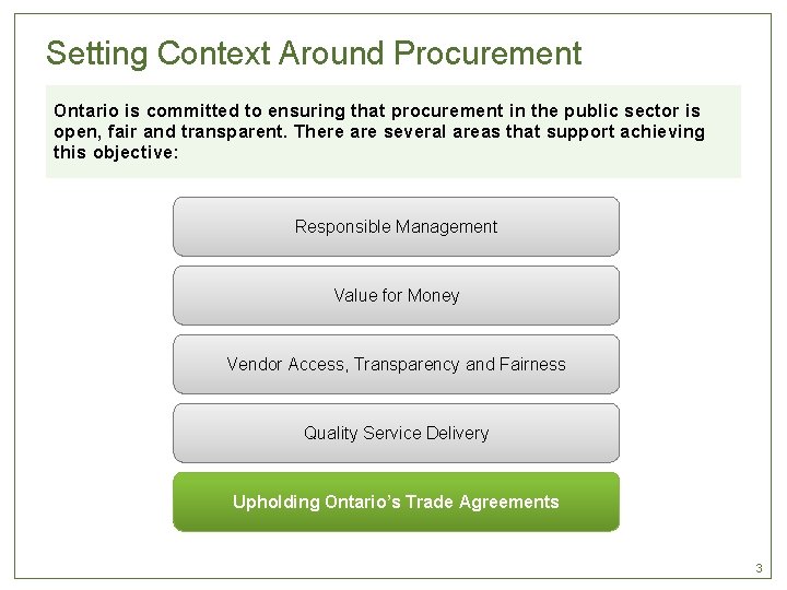 Setting Context Around Procurement Ontario is committed to ensuring that procurement in the public