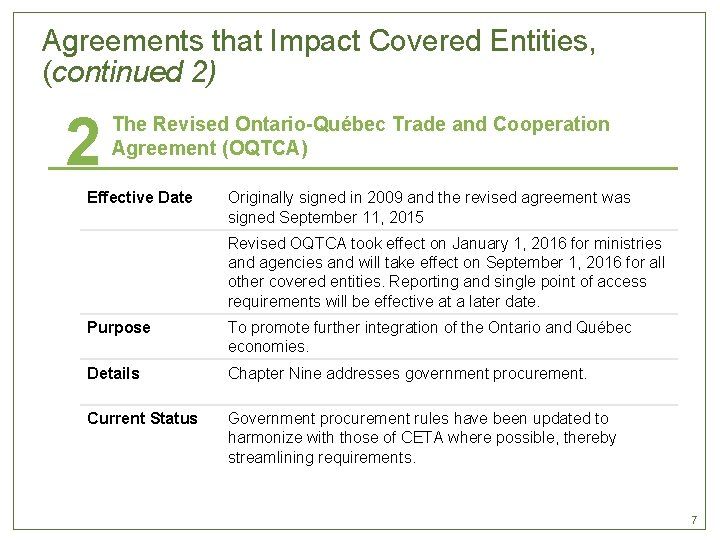 Agreements that Impact Covered Entities, (continued 2) 2 The Revised Ontario Québec Trade and