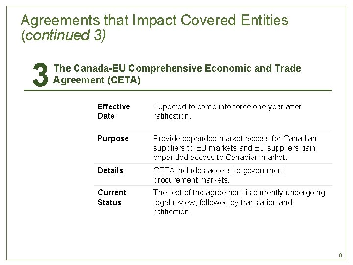 Agreements that Impact Covered Entities (continued 3) 3 The Canada EU Comprehensive Economic and