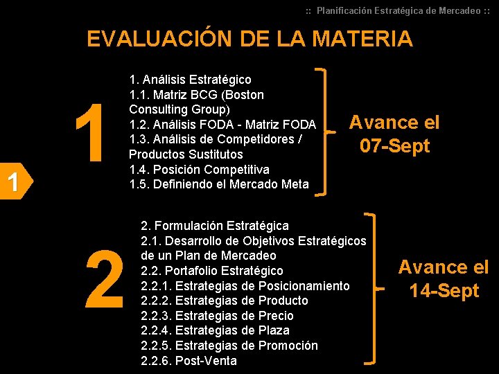 : : Planificación Estratégica de Mercadeo : : EVALUACIÓN DE LA MATERIA 1 1