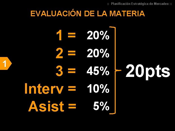 : : Planificación Estratégica de Mercadeo : : EVALUACIÓN DE LA MATERIA 1 1=