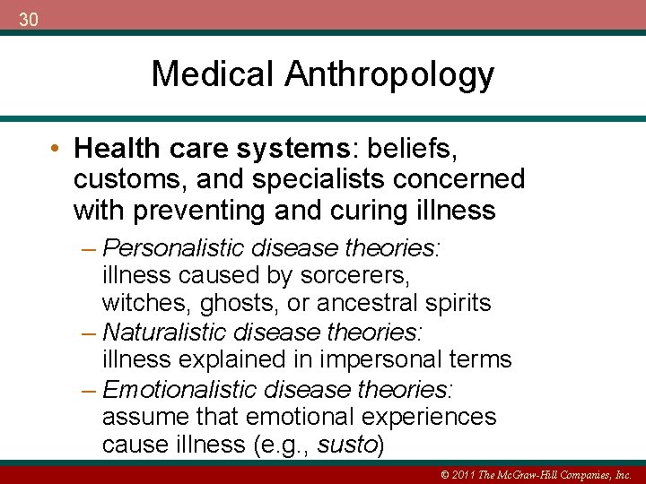 30 Medical Anthropology • Health care systems: beliefs, customs, and specialists concerned with preventing