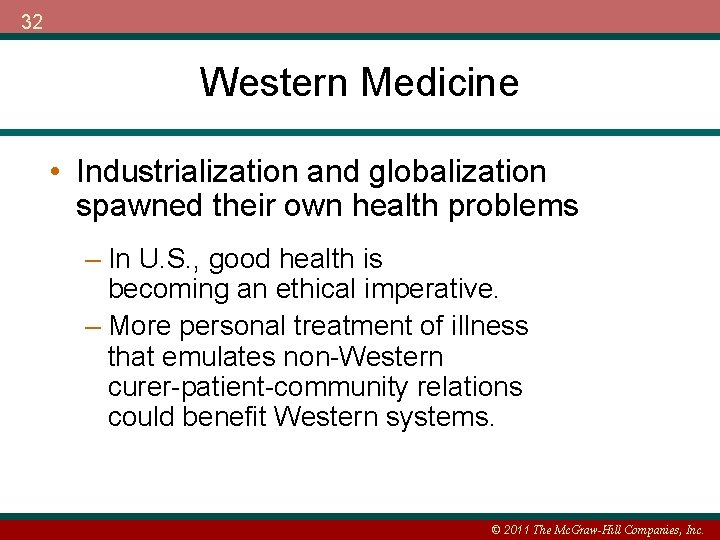 32 Western Medicine • Industrialization and globalization spawned their own health problems – In