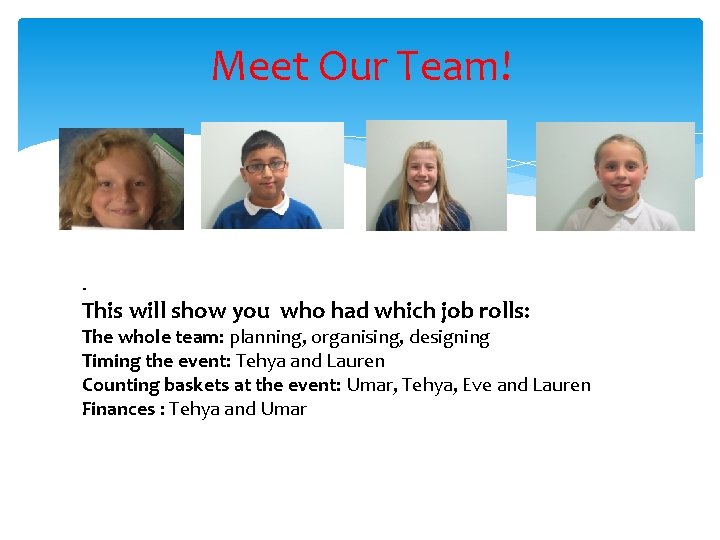 Meet Our Team! . This will show you who had which job rolls: The