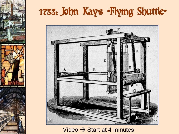 1733: John Kay’s “Flying Shuttle” Video Start at 4 minutes 1733: John Kay’s “Flying Shuttle” Video Start at 4 minutes